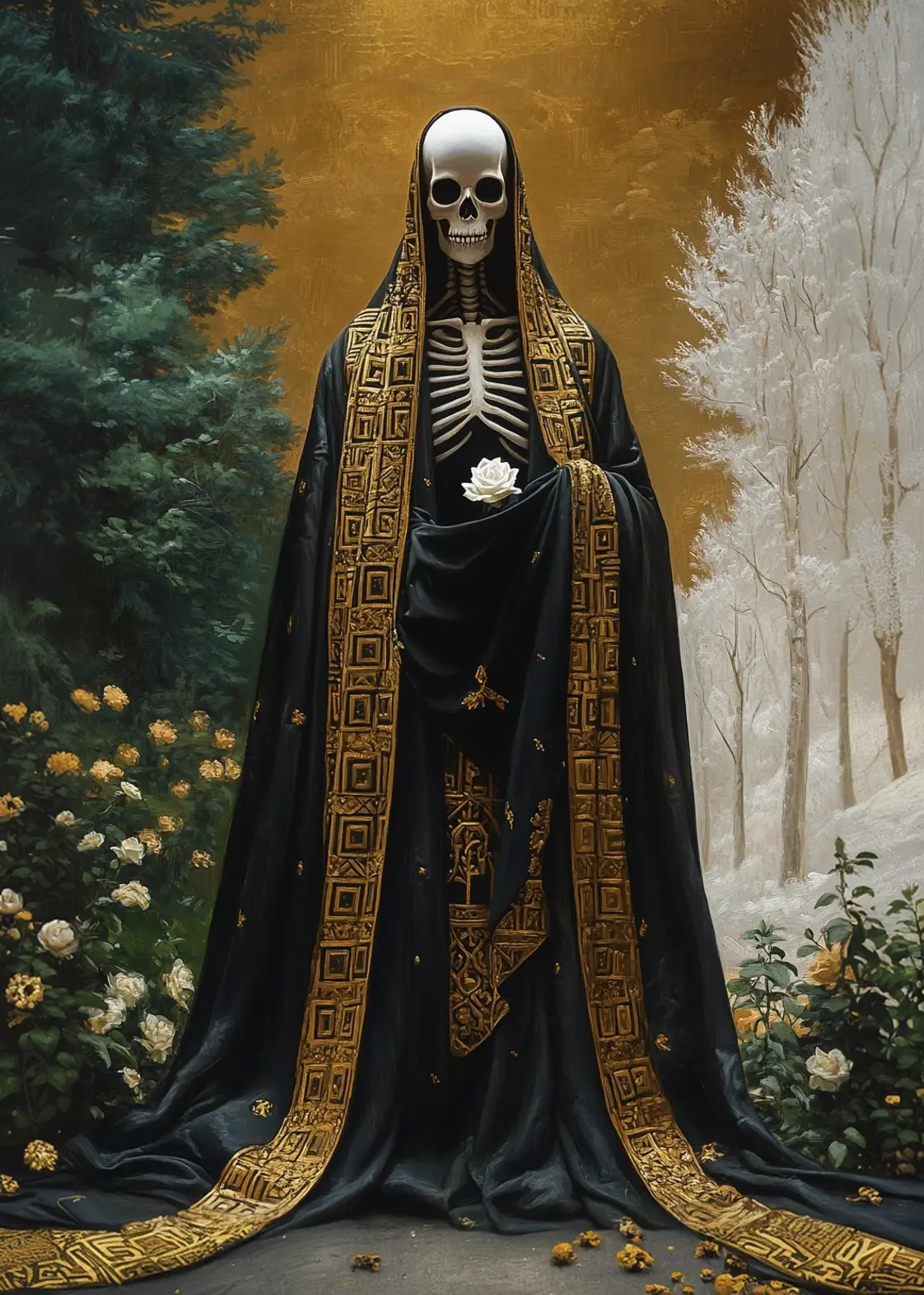 Death as a robed skeleton on a gold ground, a single white rose held at the ribs. Living firs and roses stand on one side of the figure, a frost-white winter wood on the other.
