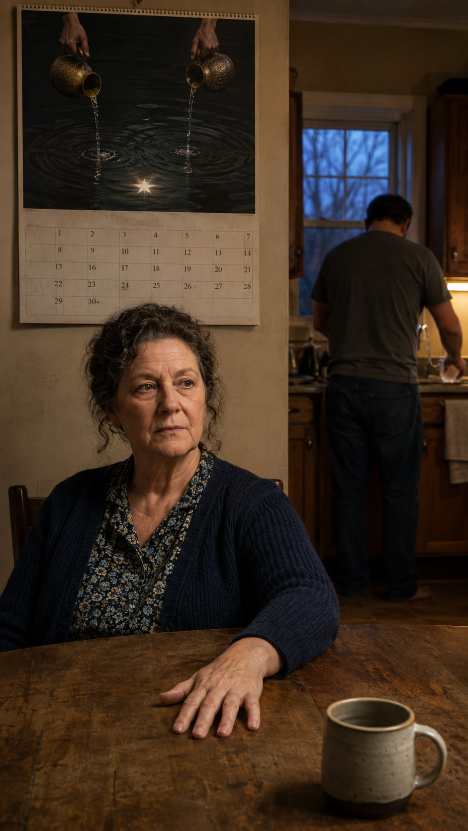 A woman sits alone at a worn kitchen table at twilight, a cold mug beside her hand. On the wall above her hangs a calendar showing The Star, two vessels pouring water, a star reflected in the pool below. Behind her, at the sink, a man rinses a glass with his back turned.