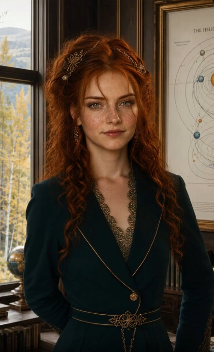 A red-haired woman in dark teal and gold velvet stands by a window overlooking an aspen grove, beside a framed heliocentric chart.