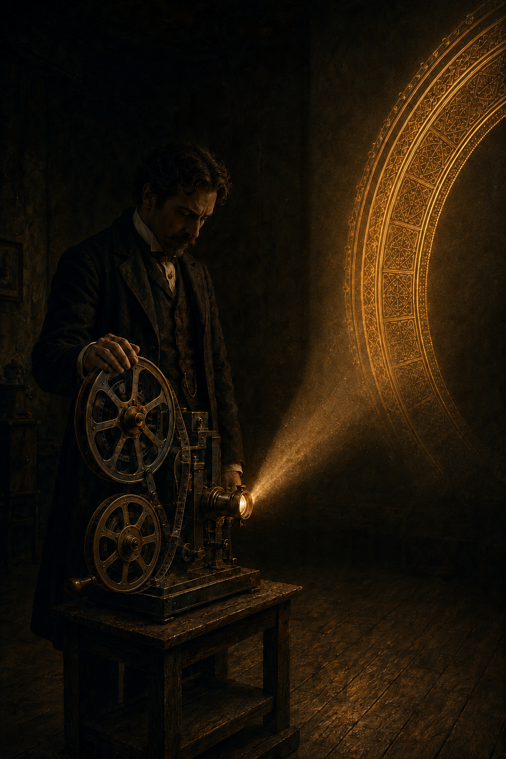 Circa 1905 - a man in a dark frock coat cranks a two-reel film projector, its beam throwing a great golden wheel across the wall of an empty room.