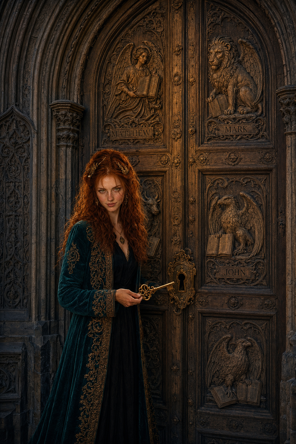 A red-haired woman in teal and gold velvet stands at a carved cathedral door bearing the four evangelists, an ornate gold key in her hand beside the lock, not yet turned.
