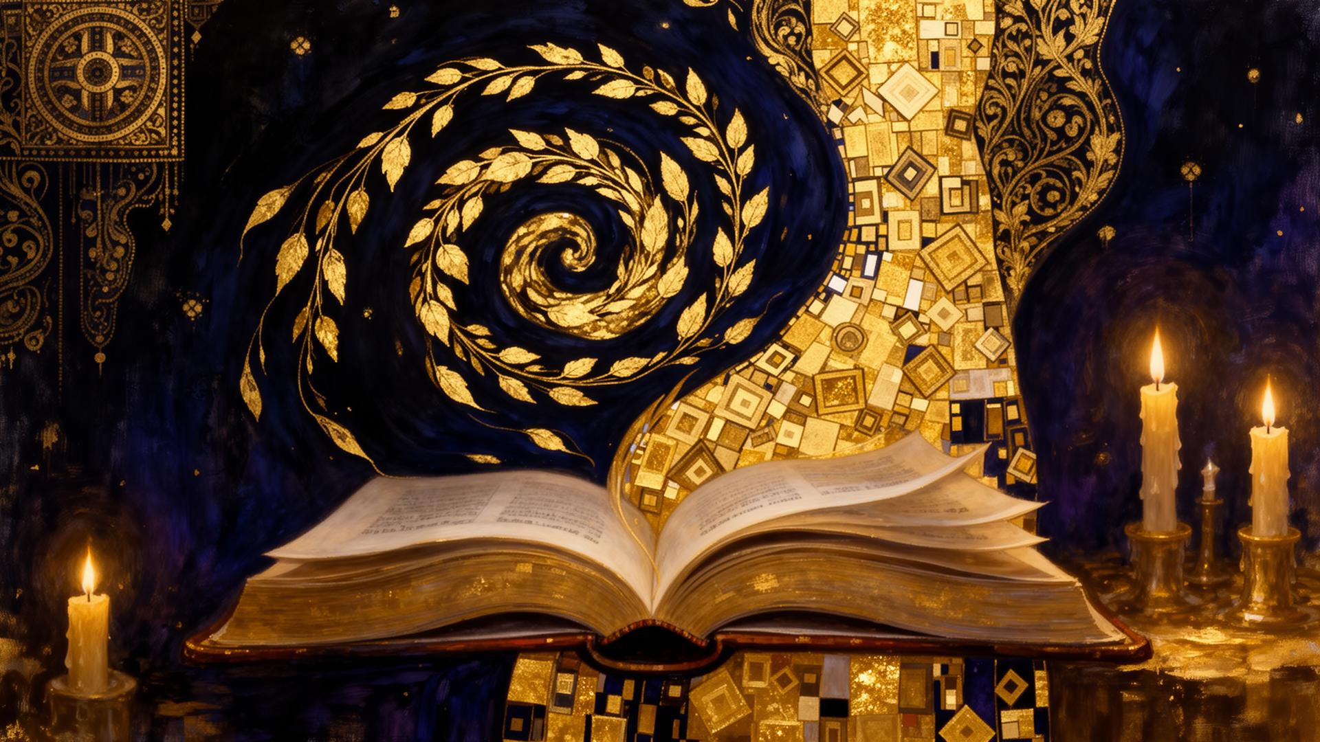 Open book with golden Klimt-style mosaic and candlelight — essays by Tara Grace